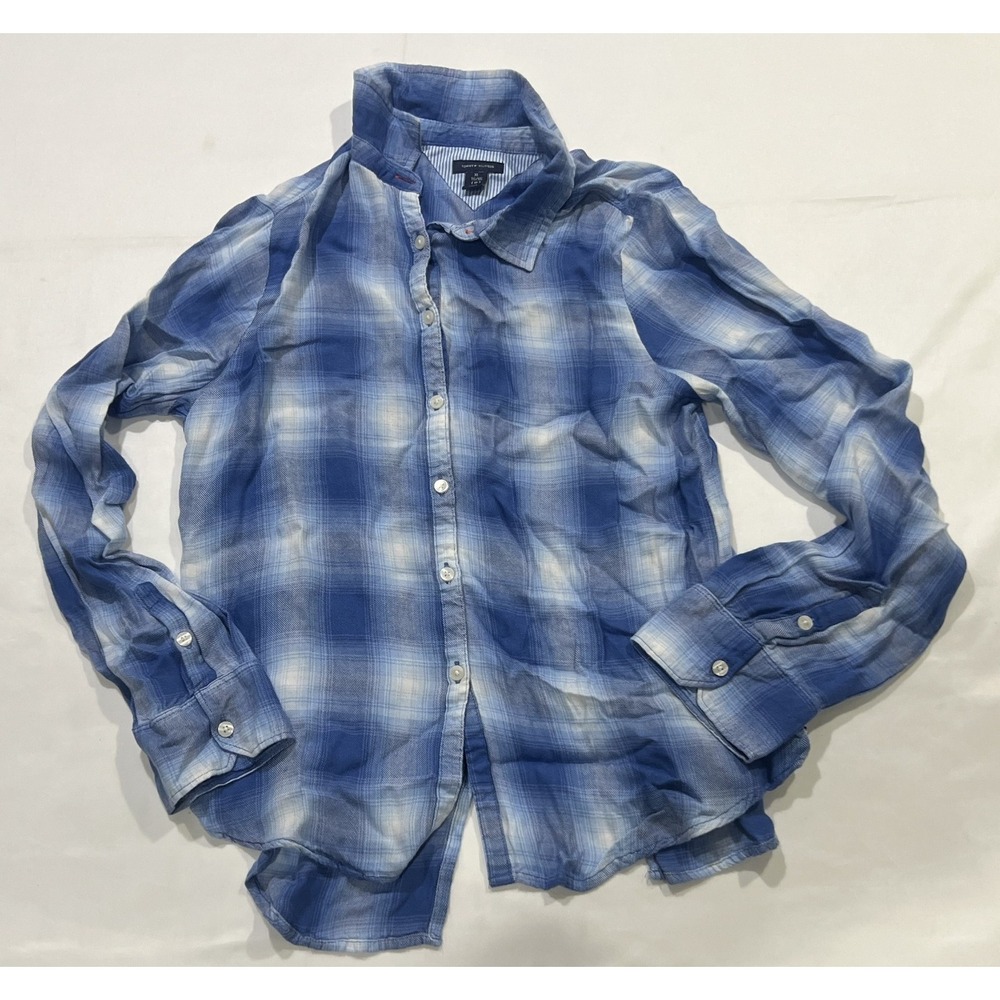 Tommy Hilfiger Shirt Womens XL Blue Plaid Rayon Soft Casual